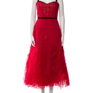 Marchesa Red Strapless Tulle Midi Dress